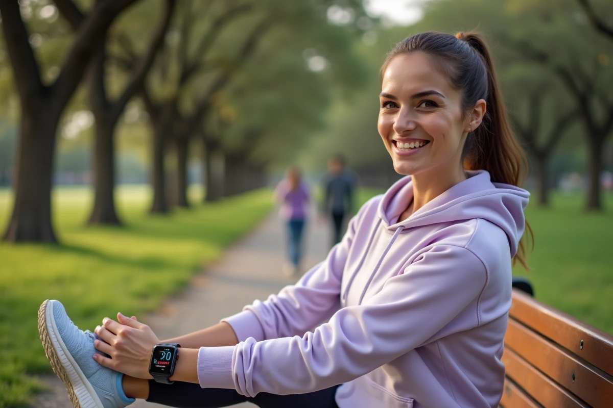 Jeune femme s'étirant dans un parc après avoir atteint son objectif de 10000 pas avec une montre connectée au poignet