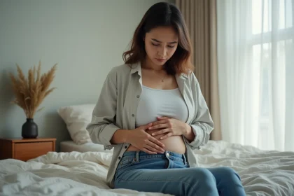Jeune femme préoccupée touchant son ventre en chambre calme