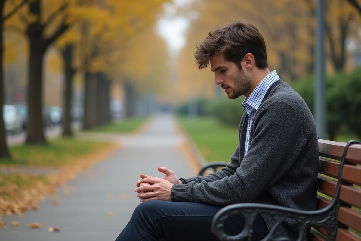 Jeune homme assis seul sur un banc de parc en automne