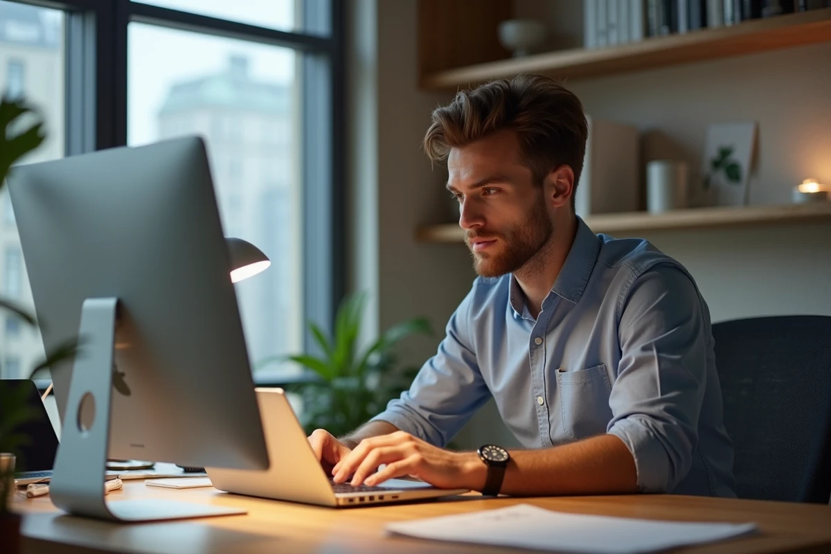 Jeune homme au bureau avec lampe de jour moderne