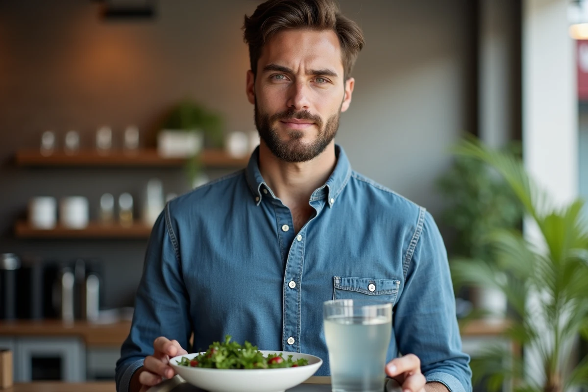 Jeune homme dans un café urbain avec un plateau repas
