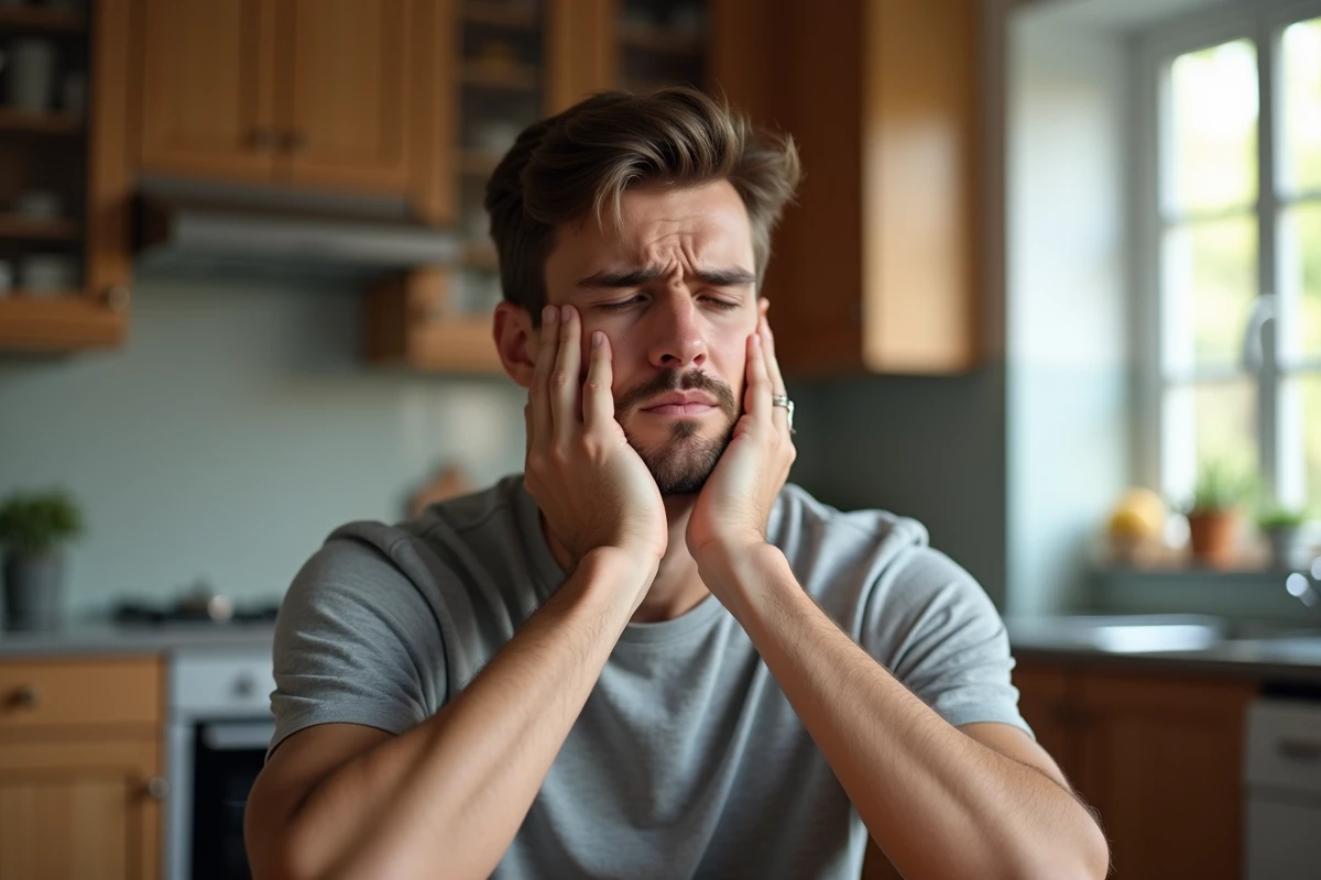 Jeune homme adulte tenant sa mâchoire en raison d'une douleur de dent de sagesse à la maison