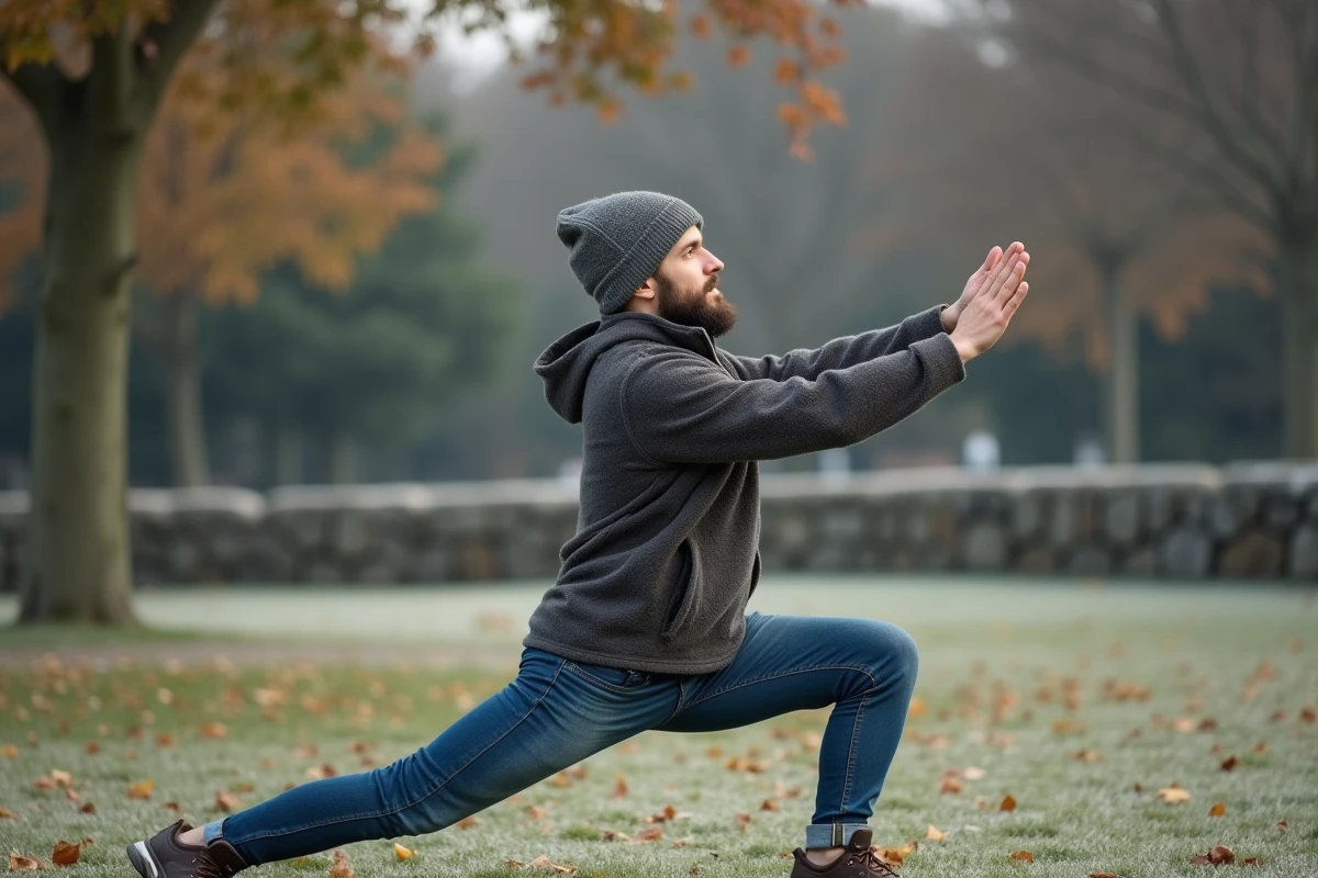 Jeune homme faisant des étirements dans un parc en matinée froide