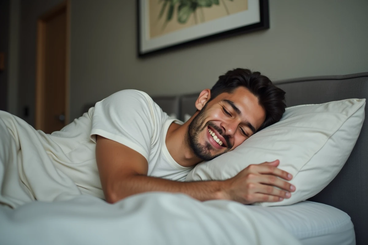 Jeune homme respirant le parfum de son oreiller dans la chambre