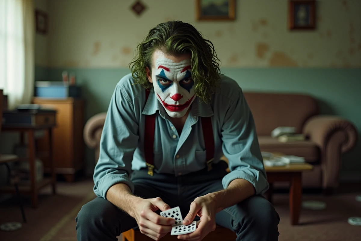 Jeune homme au maquillage Joker dans une salle désordonnée