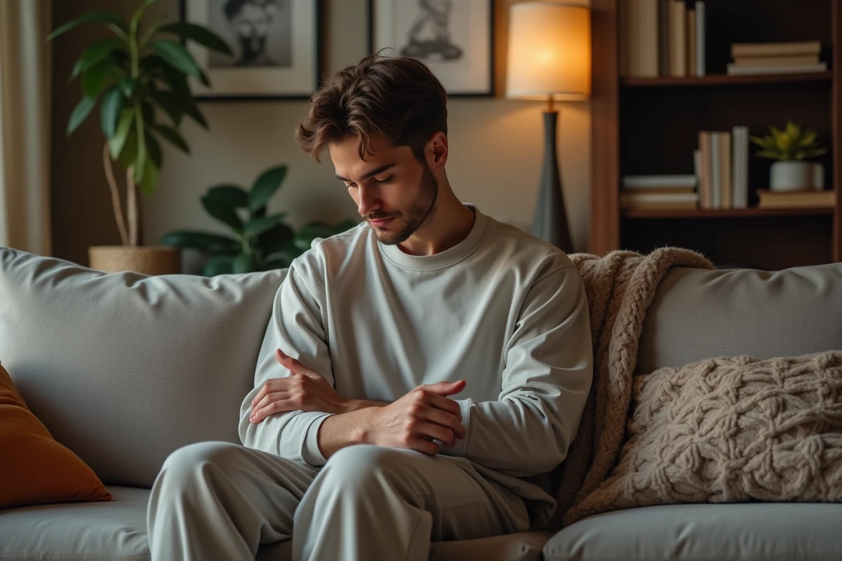 Jeune homme méditant dans un salon paisible