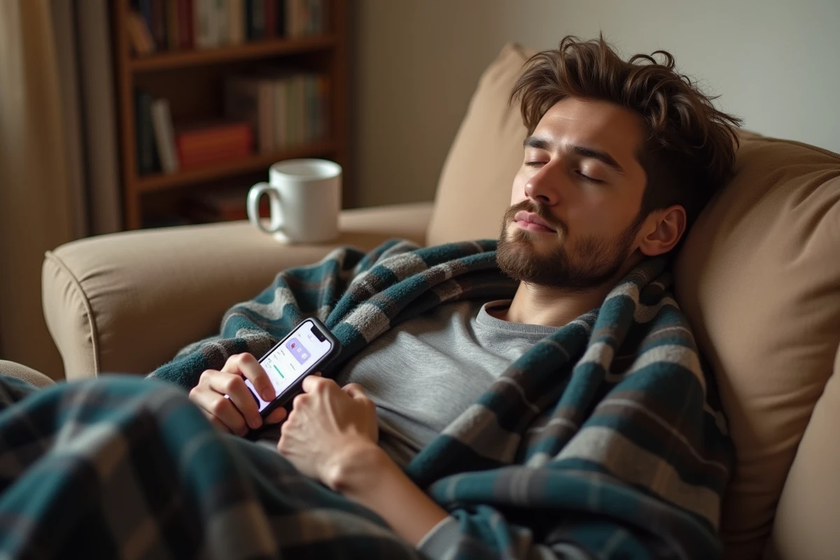 Jeune homme alité sur un canapé consultant une application de suivi des symptômes Covid pendant la période d'incubation