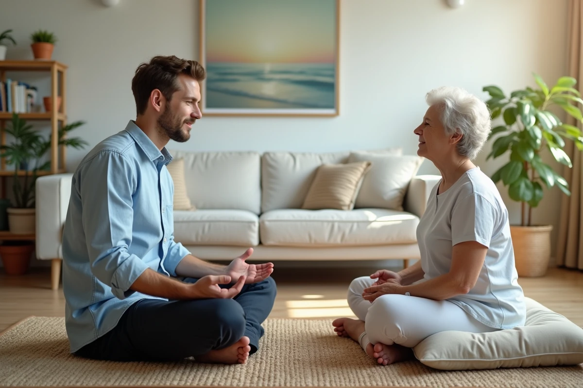 Jeune sophrologue guidant une femme en relaxation à la maison