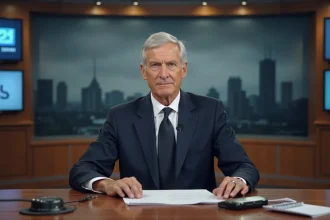 Journaliste de télévision expérimenté assis à un bureau de plateau, illustrant les rumeurs de maladie circulant sur les réseaux sociaux