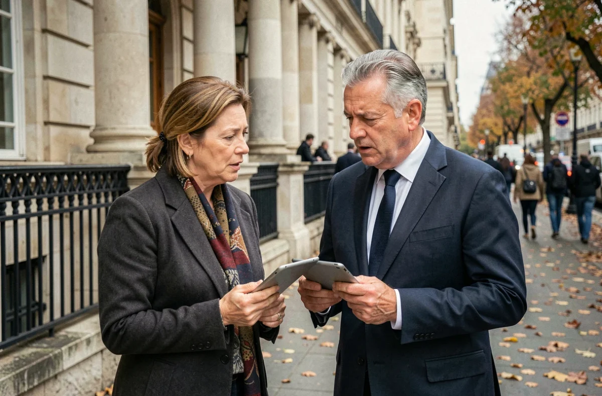 Deux journalistes professionnels discutant devant un bâtiment officiel parisien, illustrant les questions médiatiques autour d'un état de santé public