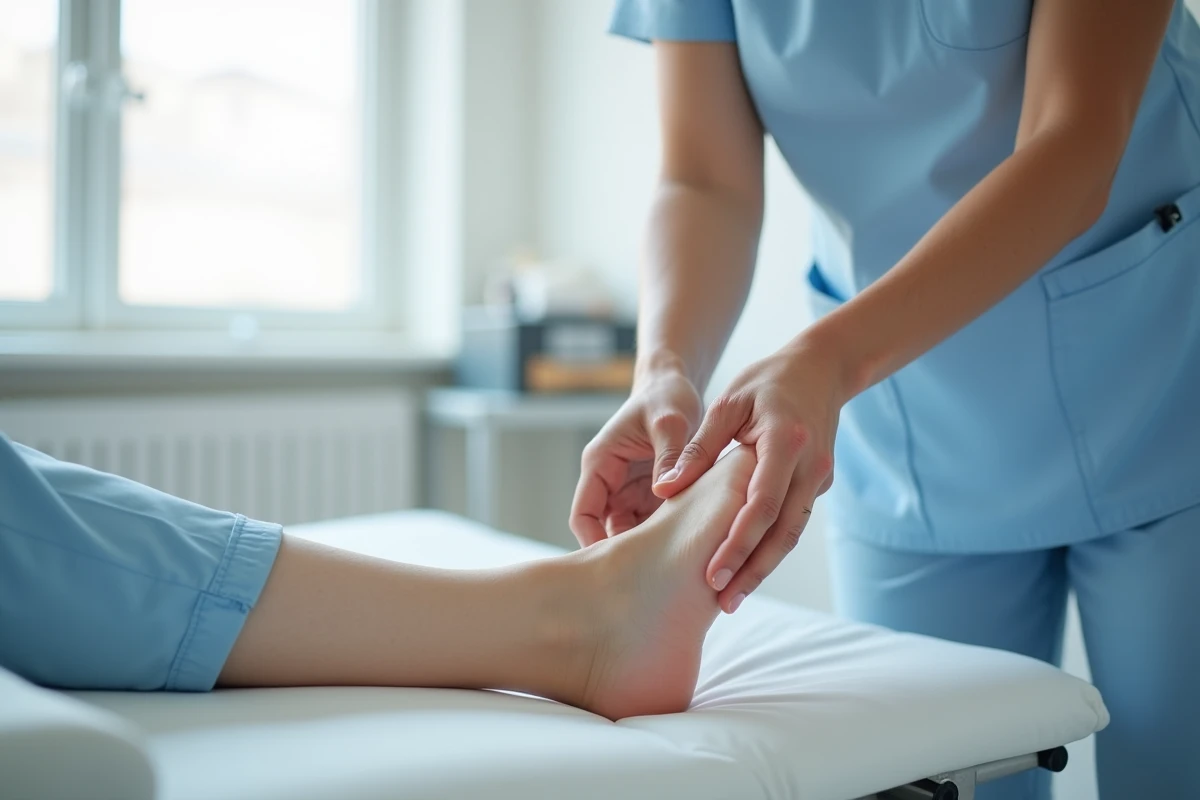 Kinésithérapeute examinant le côté latéral du pied d'un patient pour diagnostiquer une douleur chronique