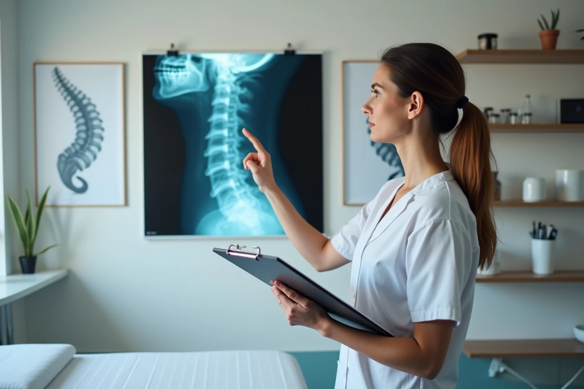 Kinésithérapeute examinant une radiographie de discopathie lombaire dans un cabinet médical lors d'une expertise liée à un accident du travail