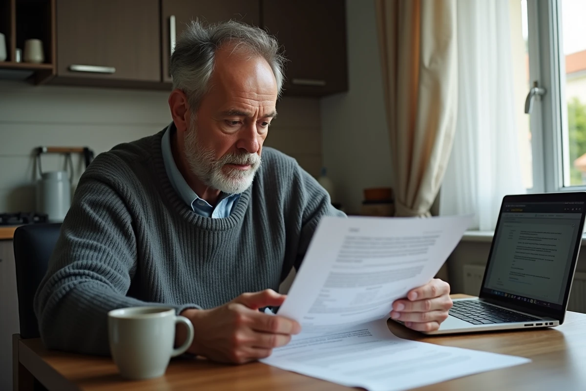 Homme lisant attentivement un courrier officiel de la CPAM concernant sa rente pour discopathie suite à un accident du travail
