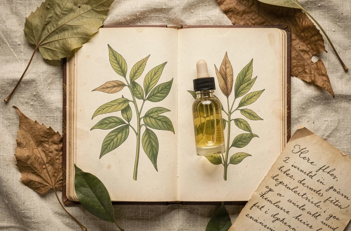 Vue de dessus d'un livre ancien de remèdes à base de plantes ouvert sur une illustration de ricin avec un flacon compte-gouttes d'huile et des feuilles séchées sur tissu lin