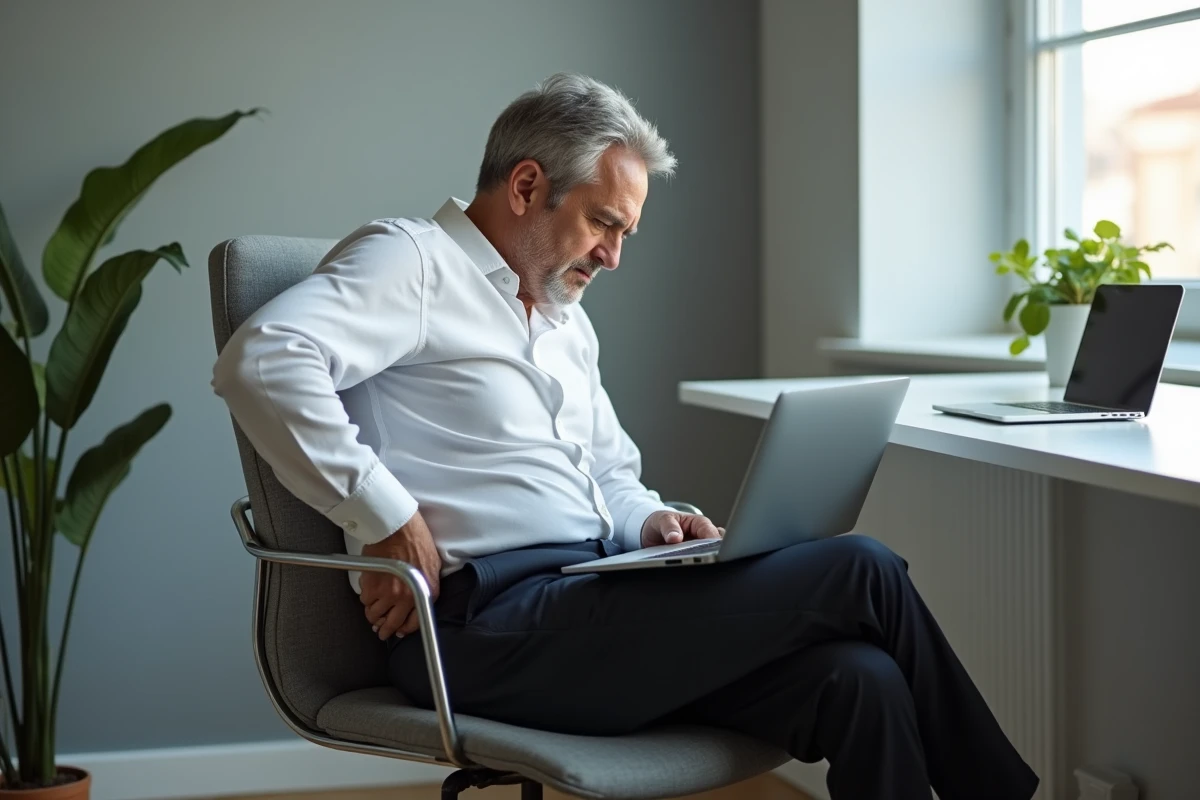 Homme assis de façon asymétrique devant un ordinateur portable avec une torsion du dos côté droit, illustrant une mauvaise position à éviter