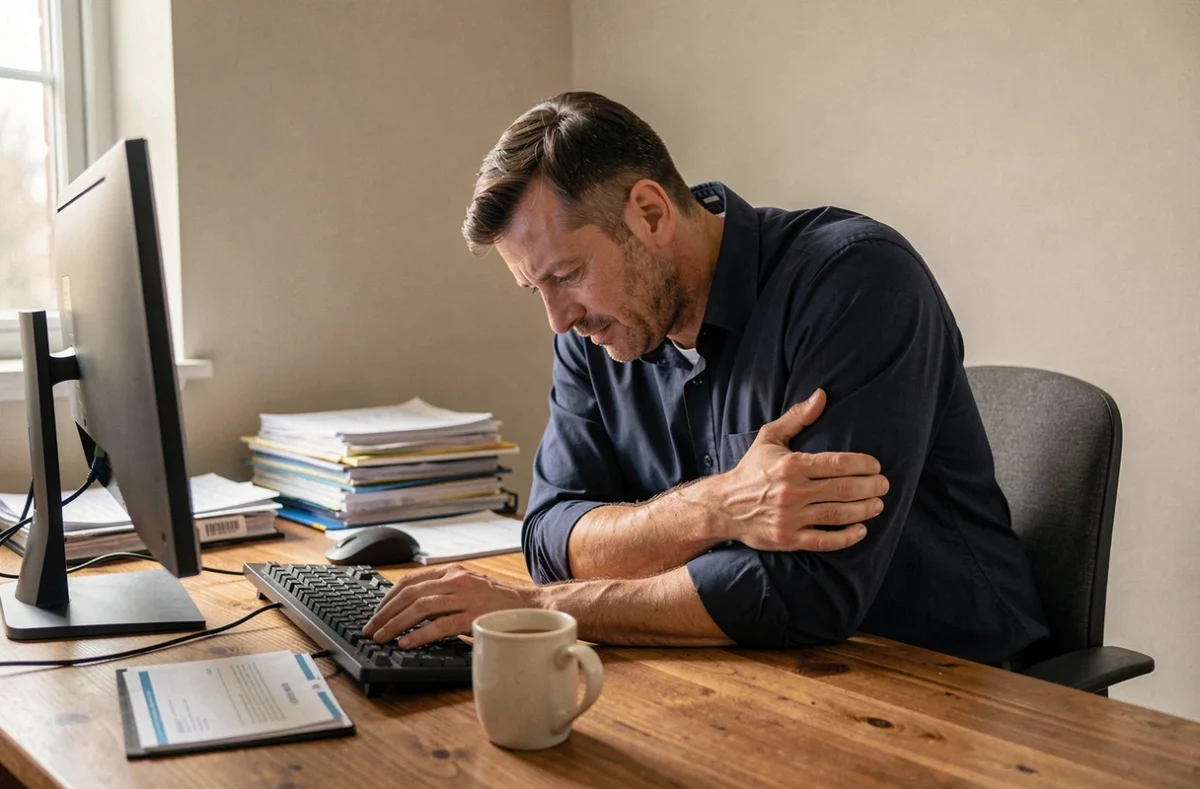 Homme au bureau avec une mauvaise posture cervicale pouvant causer des fourmis dans les bras
