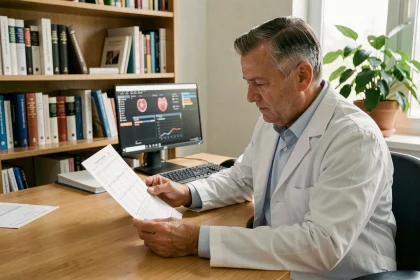 Médecin généraliste analysant un bilan sanguin avec les valeurs de VGM et globules rouges dans son cabinet médical