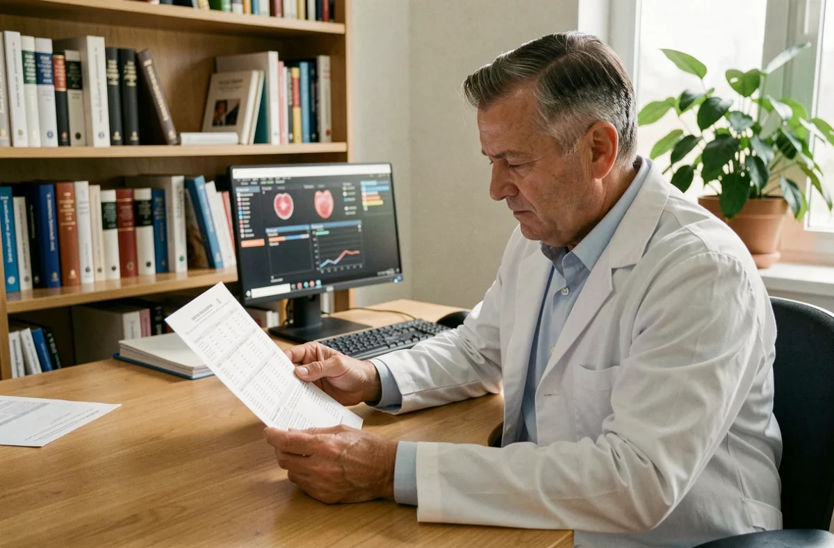 Médecin généraliste analysant un bilan sanguin avec les valeurs de VGM et globules rouges dans son cabinet médical