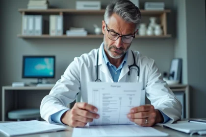 Médecin analysant des résultats d'analyses sanguines incluant les marqueurs CDT, GGT et VGM dans un cabinet médical moderne