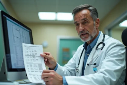Médecin analysant les résultats de transaminases ASAT et ALAT sur un bilan sanguin en milieu hospitalier