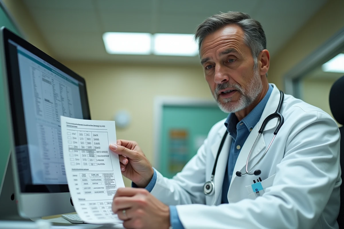 Médecin analysant les résultats de transaminases ASAT et ALAT sur un bilan sanguin en milieu hospitalier