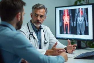 Médecin expliquant à son patient la présence d'une boule dans l'aine lors d'une consultation médicale