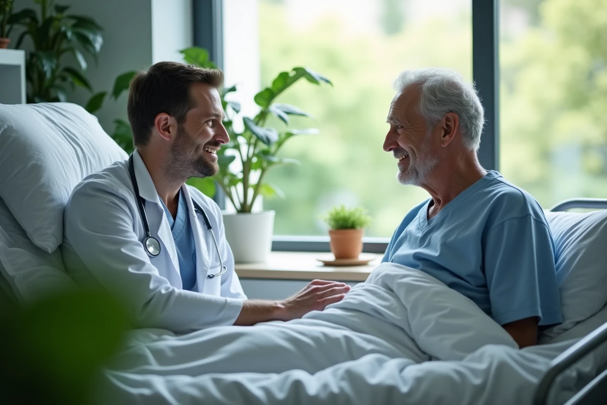 Jeune médecin écoutant un patient âgé dans une chambre d