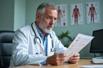 Medecin en blouse blanche examine des resultats de tests