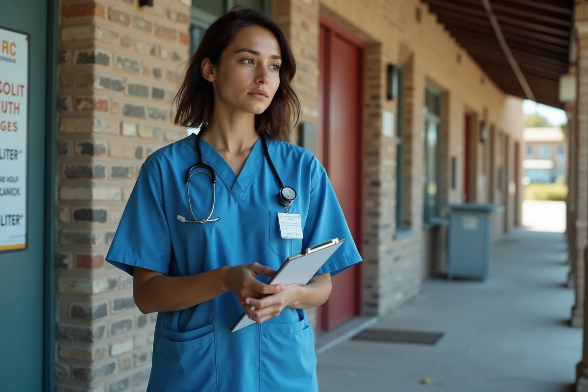 Jeune femme médecin en blouse bleue devant une clinique