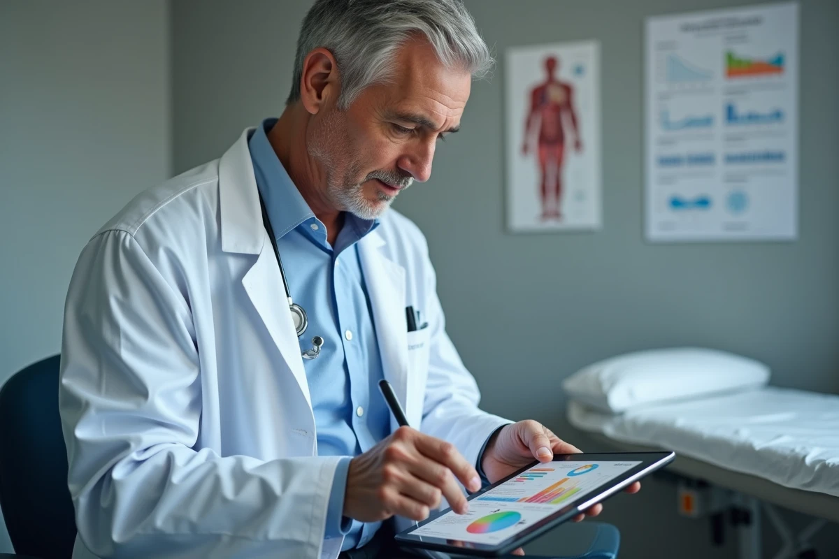 Médecin consultant une tablette avec des données épidémiologiques sur les variants Covid et les périodes d'incubation