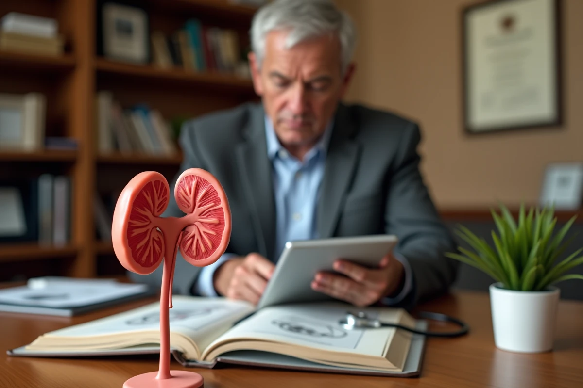 Modèle anatomique de rein sur un bureau médical illustrant l'hyperfiltration glomérulaire et le DFG élevé