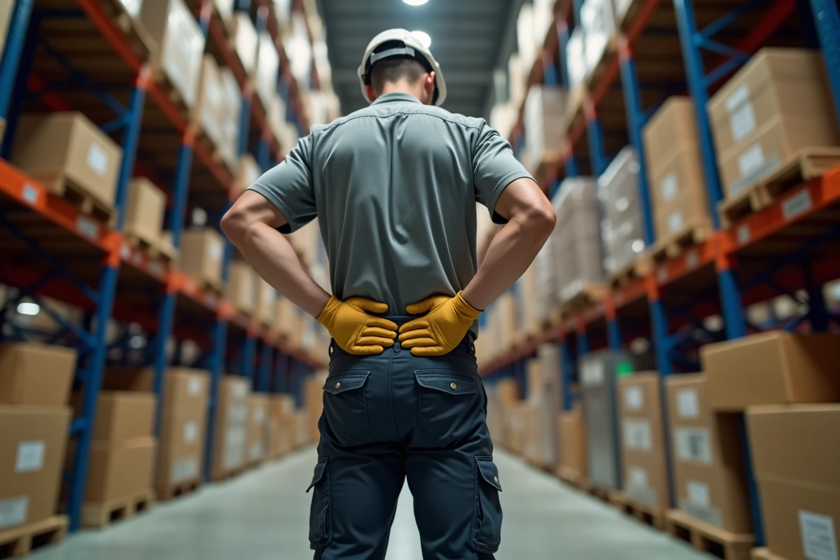 Jeune ouvrier de warehouse soulage son dos