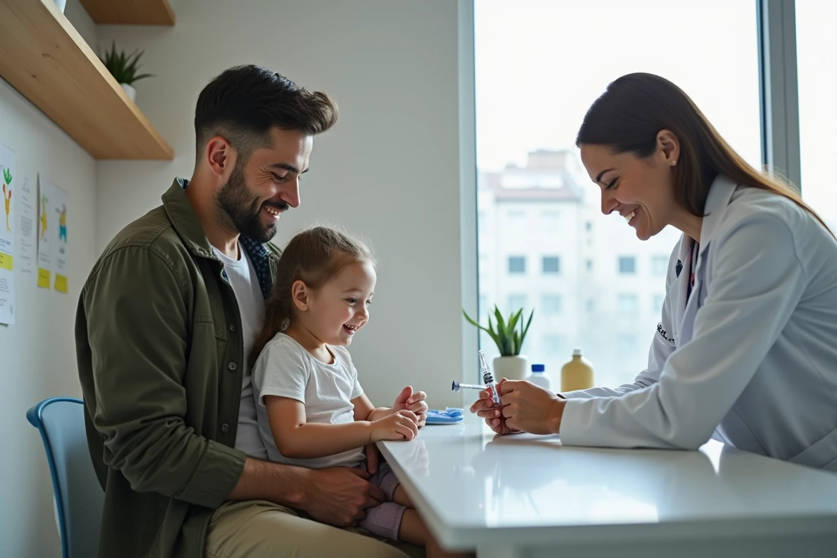 Père et fille lors de la préparation de vaccins en consultation