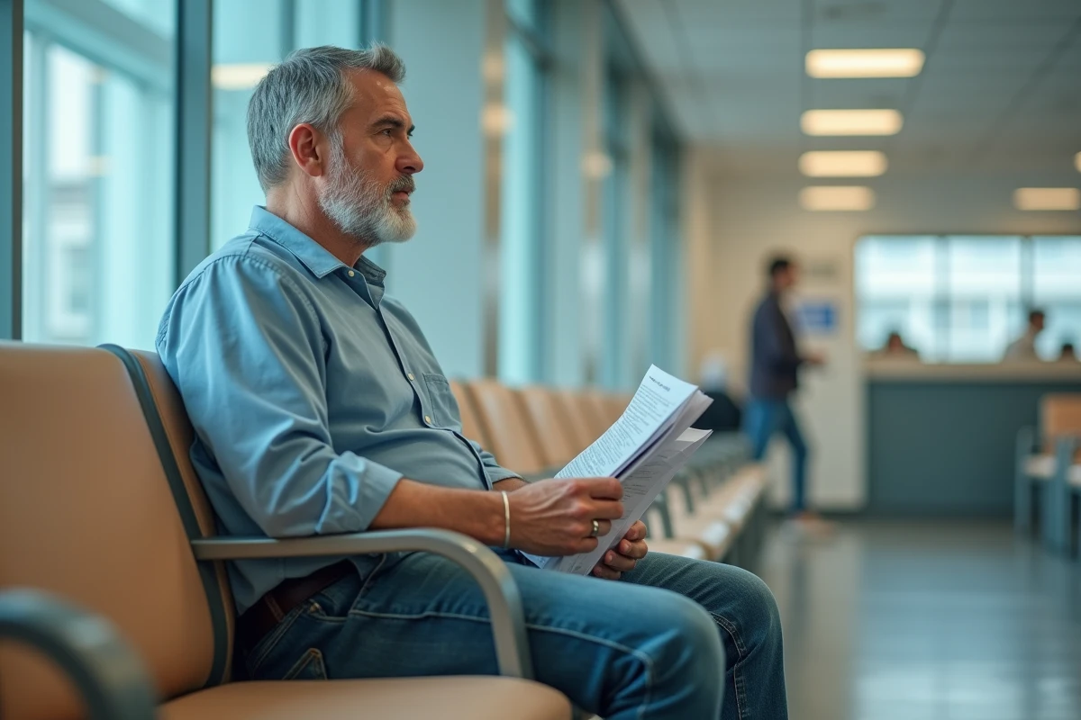 Patient attendant dans une salle d'attente hospitalière avec une ordonnance pour un bilan de la région inguinale