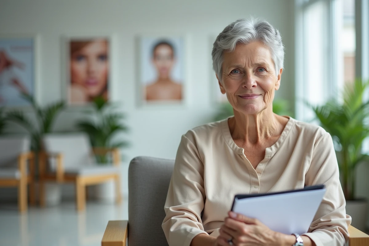 Patiente âgée attendant une consultation chez le dermatologue pour un cancer de la peau