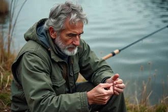 Pêcheur avec mains abimées au bord du lac
