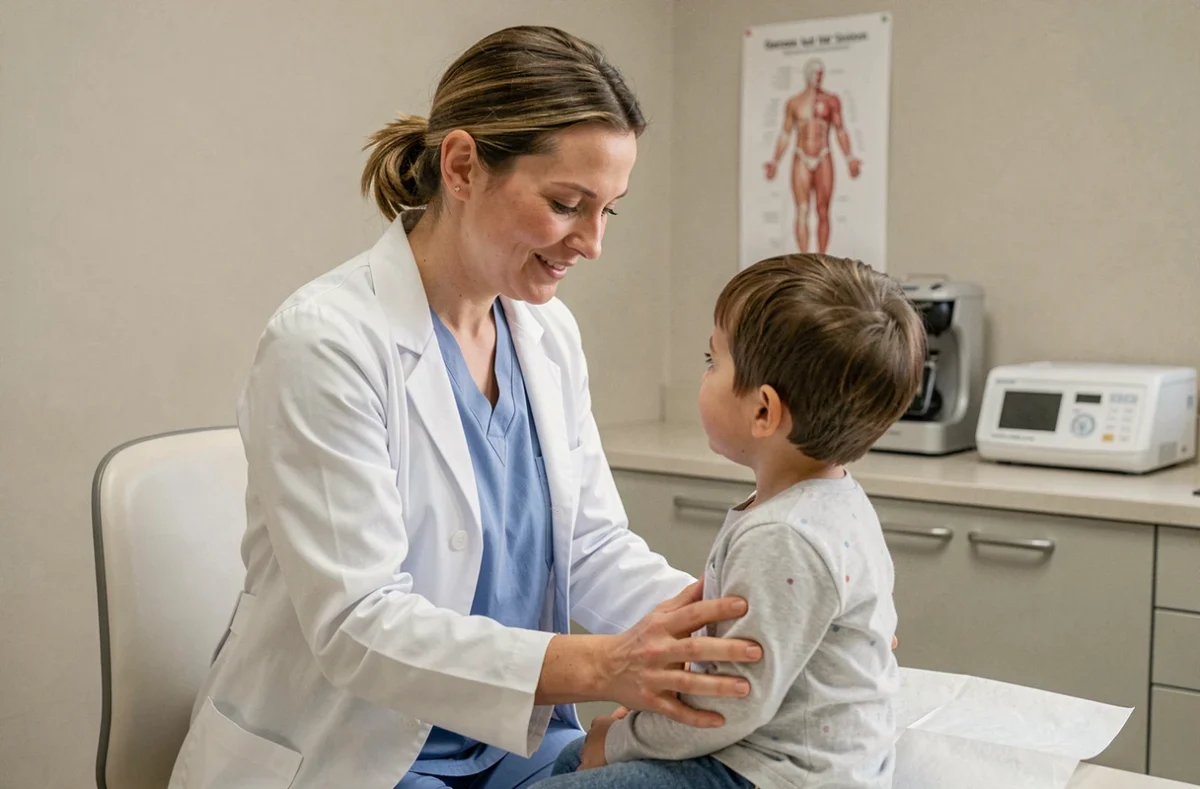 Pédiatre en consultation avec un jeune patient dans une maison médicale à Montbrison