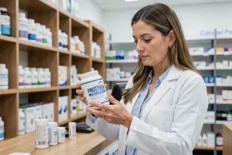 Pharmacienne lisant attentivement l'étiquette d'un complément protéiné au comptoir d'une pharmacie moderne