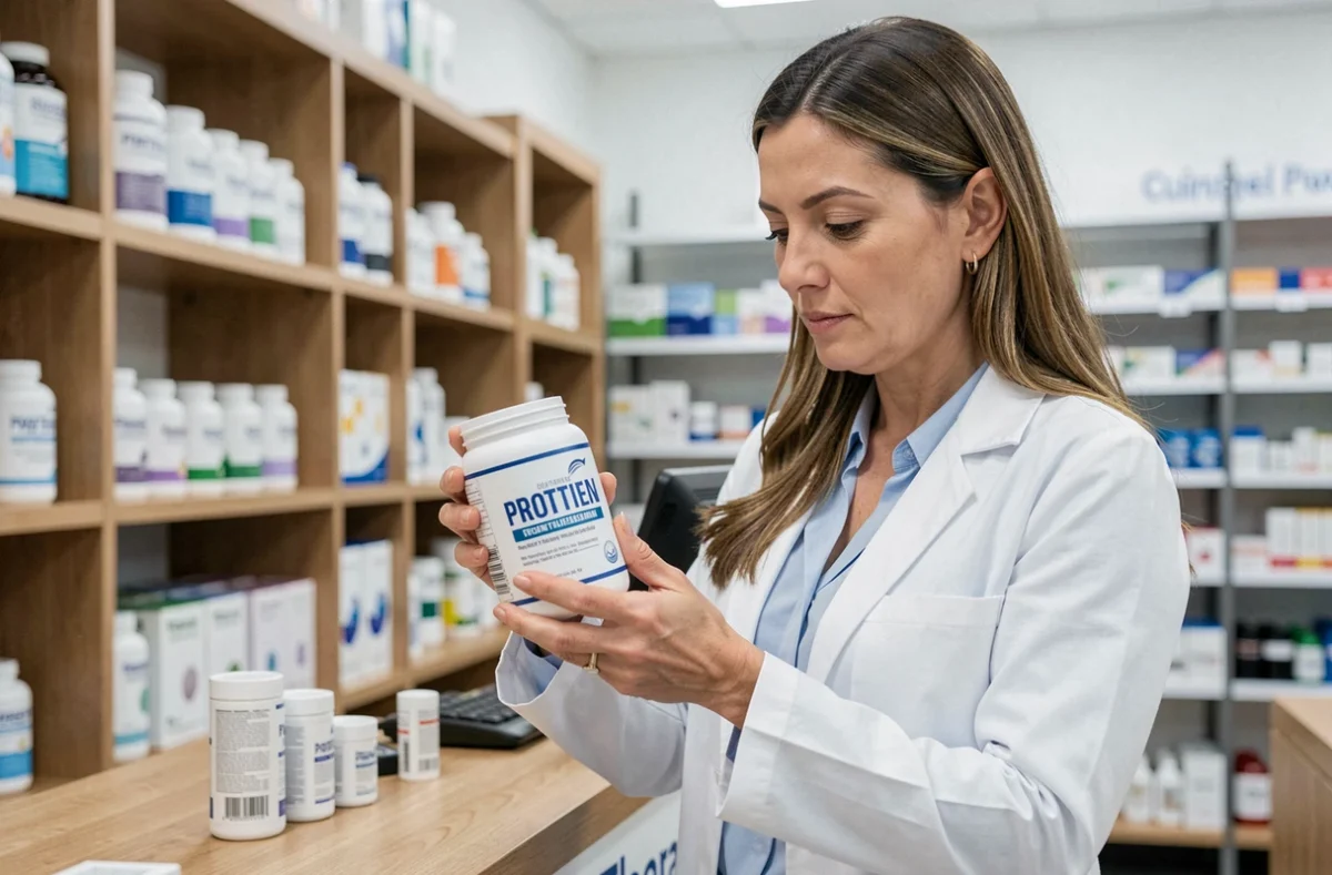 Pharmacienne lisant attentivement l'étiquette d'un complément protéiné au comptoir d'une pharmacie moderne