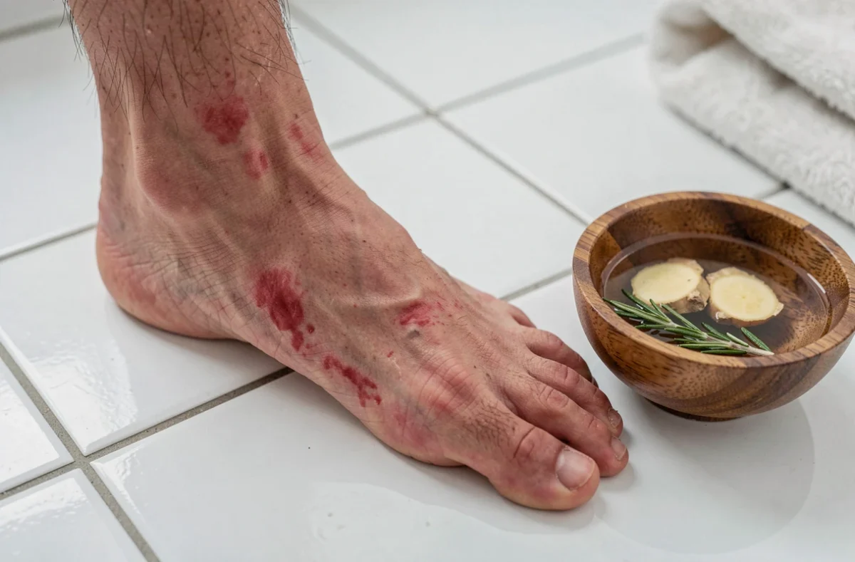 Pied adulte posé sur le carrelage avec bol de remède naturel à base de gingembre pour soulager la fasciite plantaire et l'épine calcanéenne