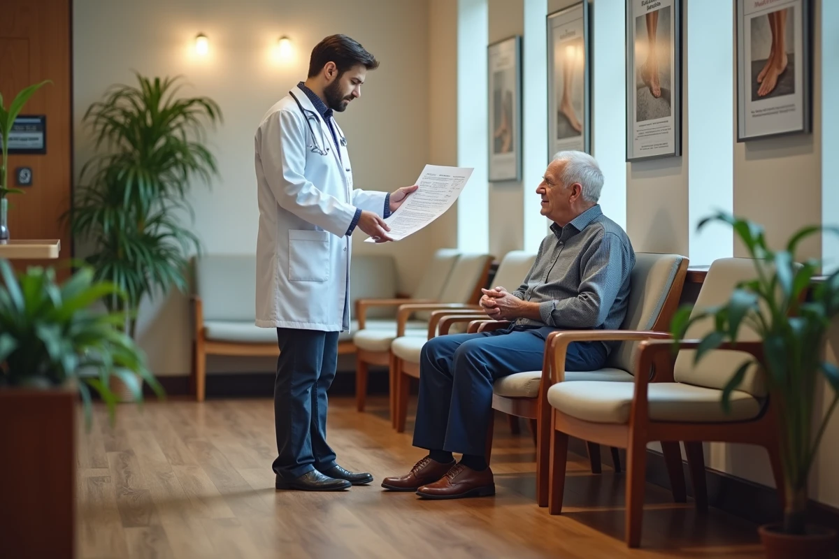 Podologue montrant un dossier à un patient dans la salle d