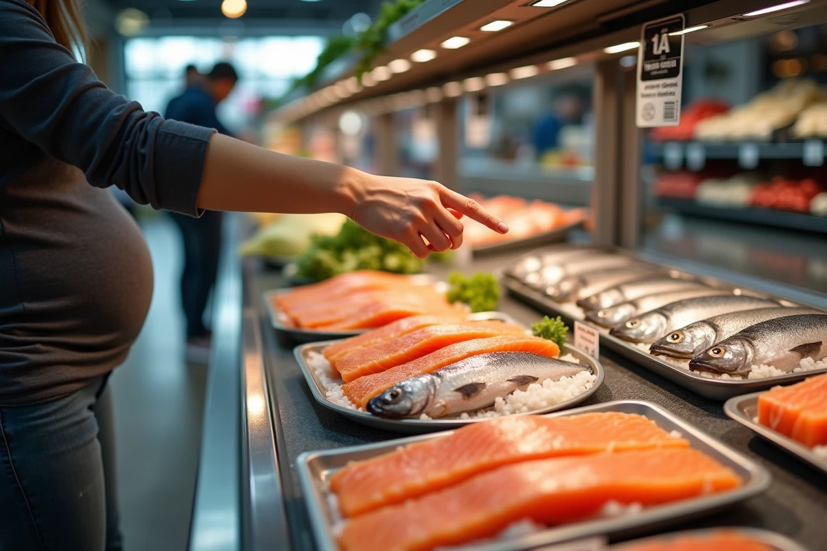 Gros plan sur le comptoir de poissonnerie avec poissons frais en magasin