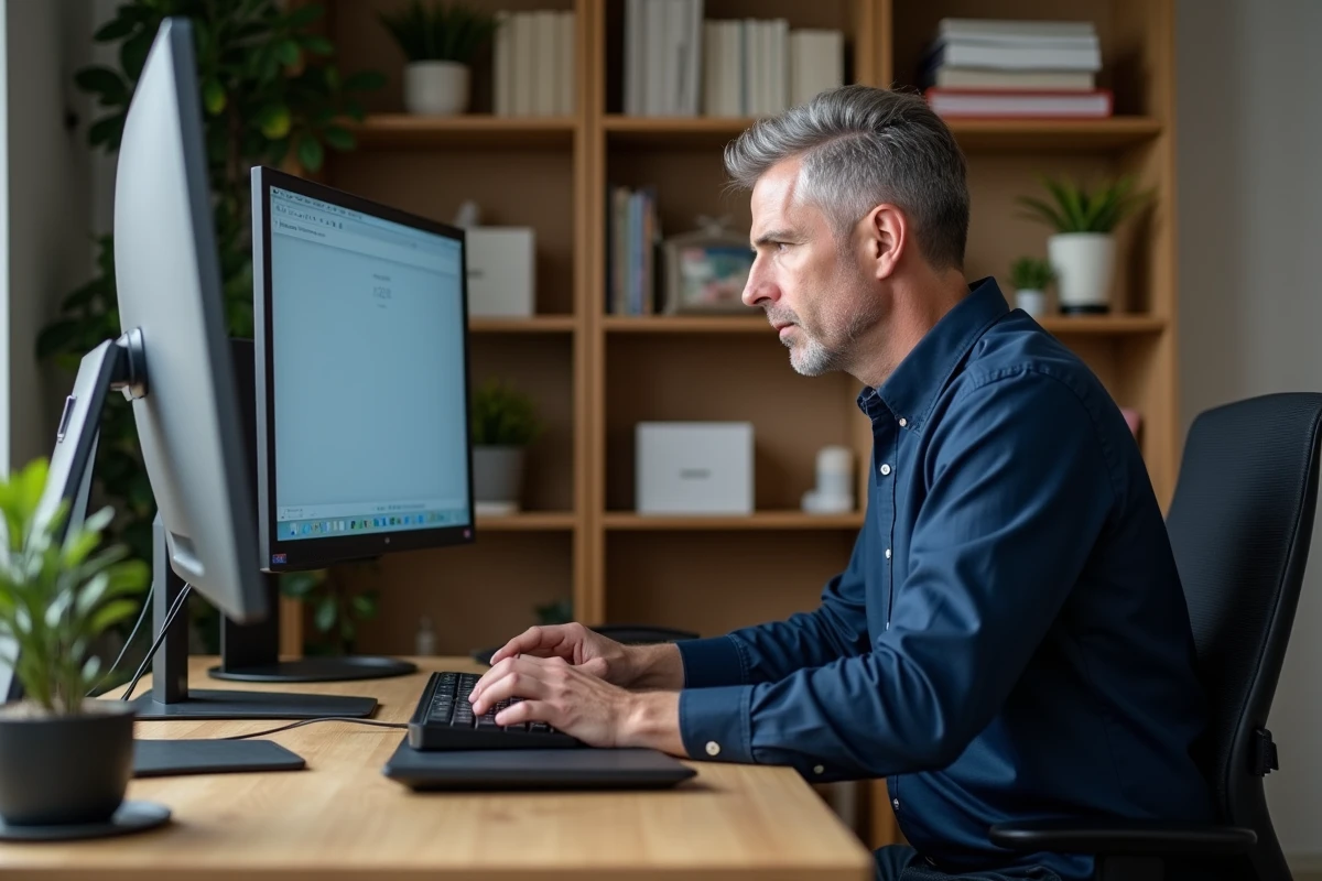Homme en télétravail ajustant la position de son clavier pour éviter les fourmis dans les bras
