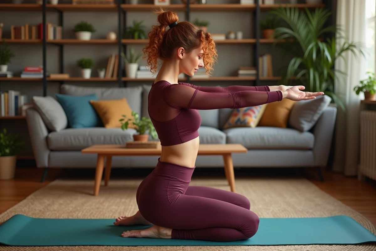 Femme en posture Gomukhasana liée travaillant la souplesse des épaules dans un salon chaleureux