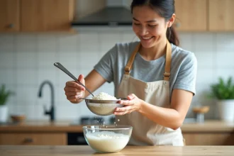 Femme préparant de l'eau de riz en égouttant du riz cuit dans un bol en verre dans une cuisine moderne