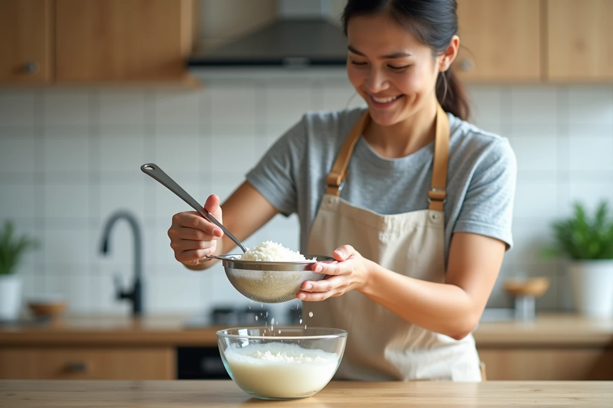 Femme préparant de l'eau de riz en égouttant du riz cuit dans un bol en verre dans une cuisine moderne