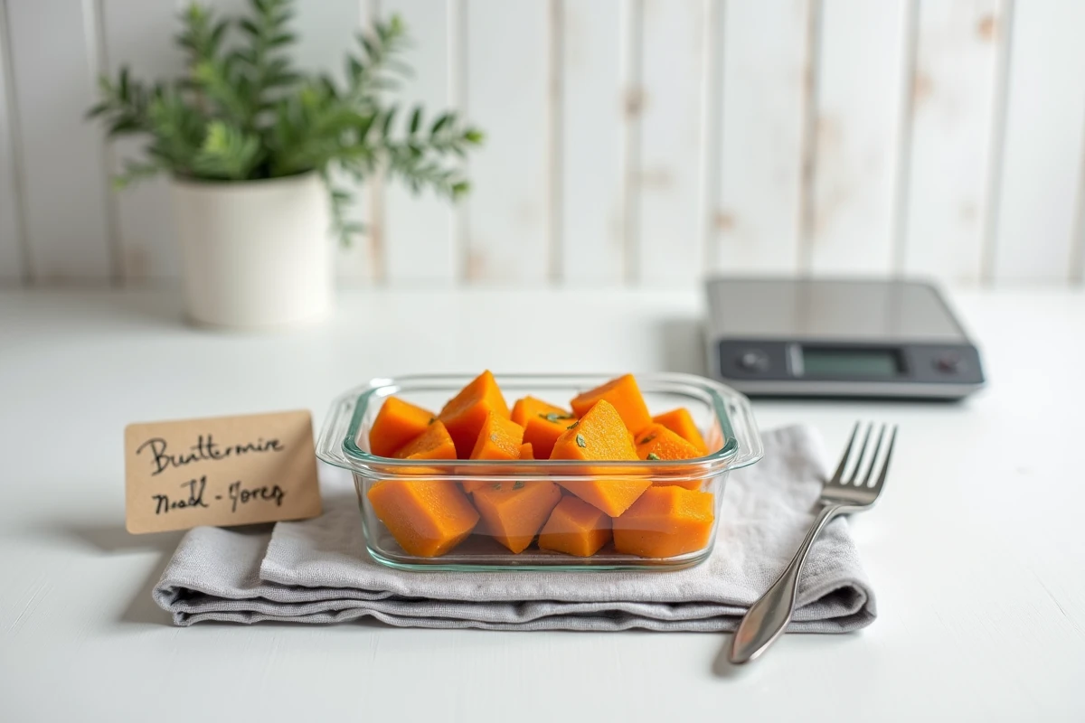 Préparation de repas minceur avec des cubes de butternut rôtis, balance de cuisine et comptage de calories pour un régime équilibré