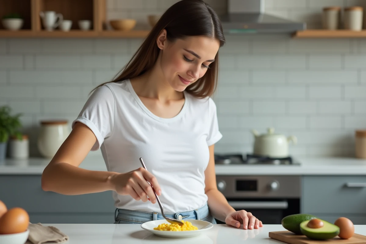 Jeune femme préparant un repas mou à base d'avocat et d'œufs brouillés après extraction dentaire, alimentation adaptée à la douleur