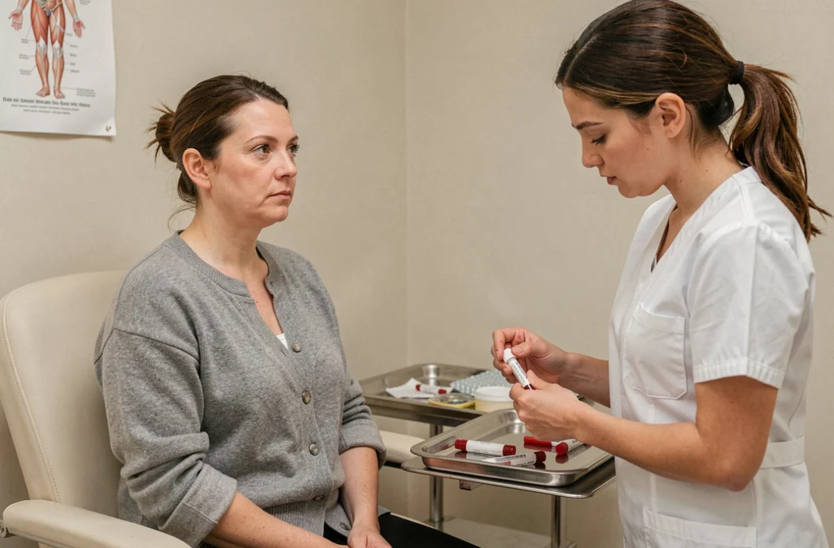 Patiente lors d'une prise de sang en cabinet médical pour un bilan hématologique complet incluant la mesure du VGM
