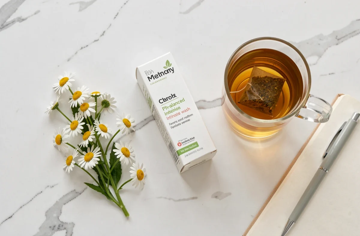 Flat-lay de produits de soin intime féminin sur marbre blanc, crème probiotique, savon pH neutre et tisane apaisante